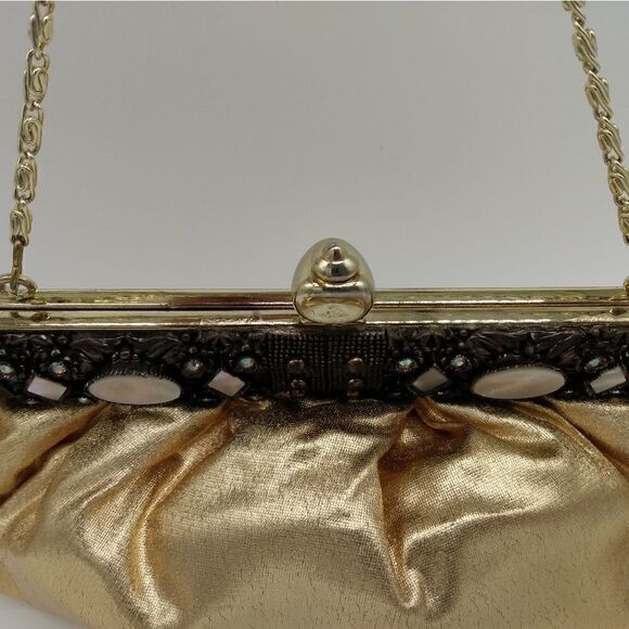 EUC VINTAGE FAYE MELLE Original Rhinestone Mother of Pearl Fluffy Gold Clutch - Picture 13 of 16